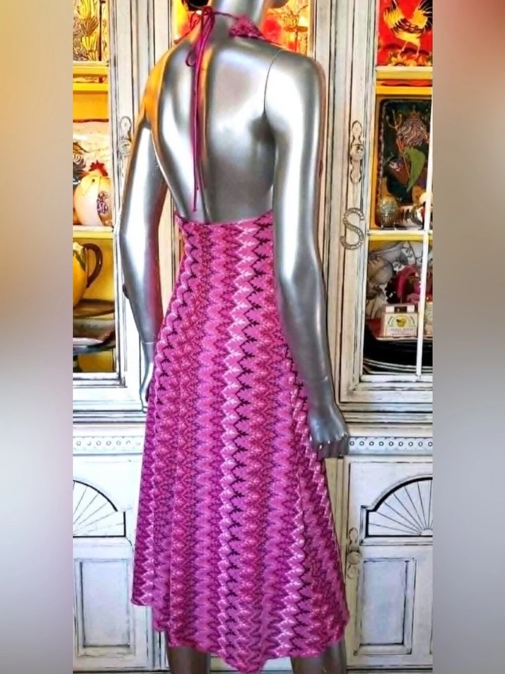 Betsey Johnson Vintage Y2K Pink Zigzag halter midi Dress - Picture 5 of 8